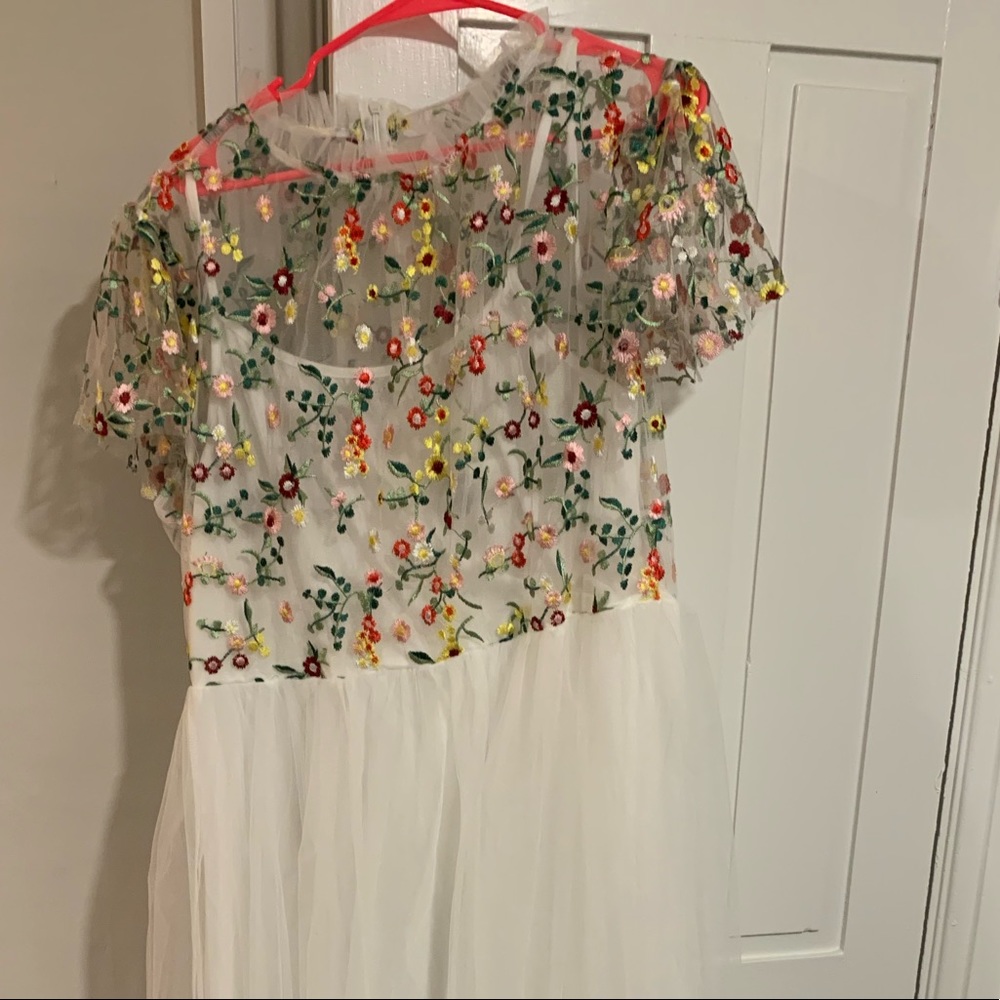 SHEIN plus frilled neck floral embroidered mesh overlay dress